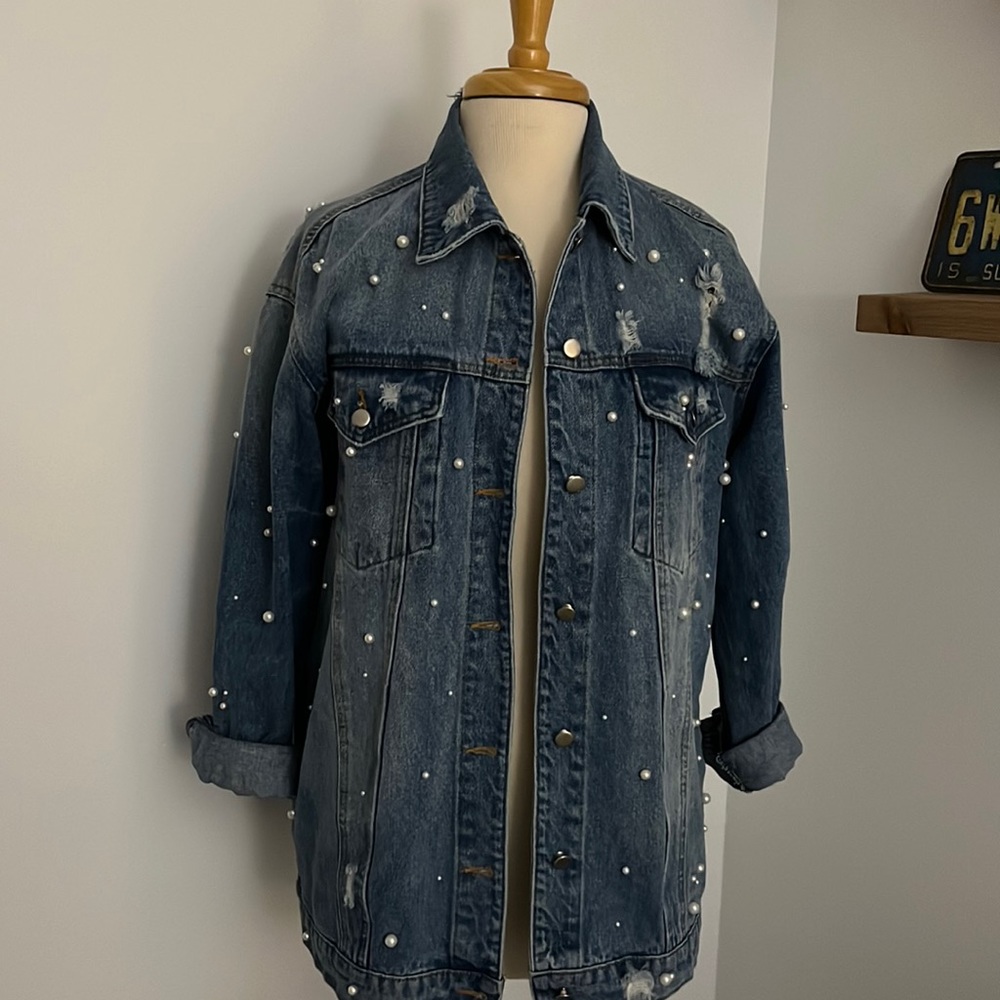 Honey Punch Pearl Embellished Denim Jacket